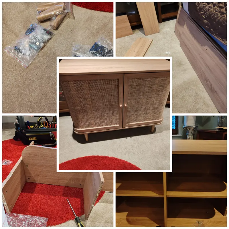 Flat pack furniture assembly collage: hardware, bed frame, cane-door cabinet, shelving and tools