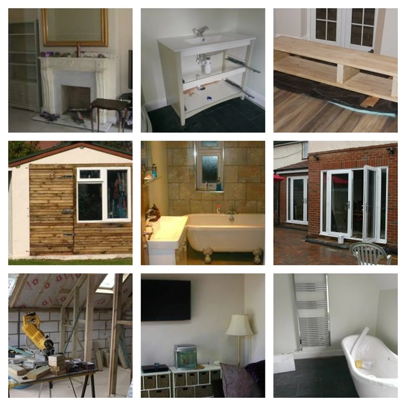 Collage of handyman jobs: fireplace, vanity unit, decking, shed, bathroom and more