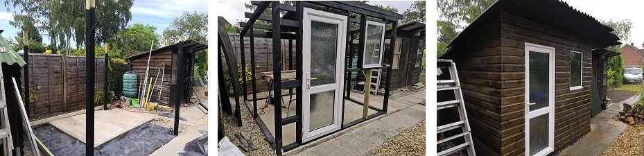 Shed frame under construction with new door and window fitted